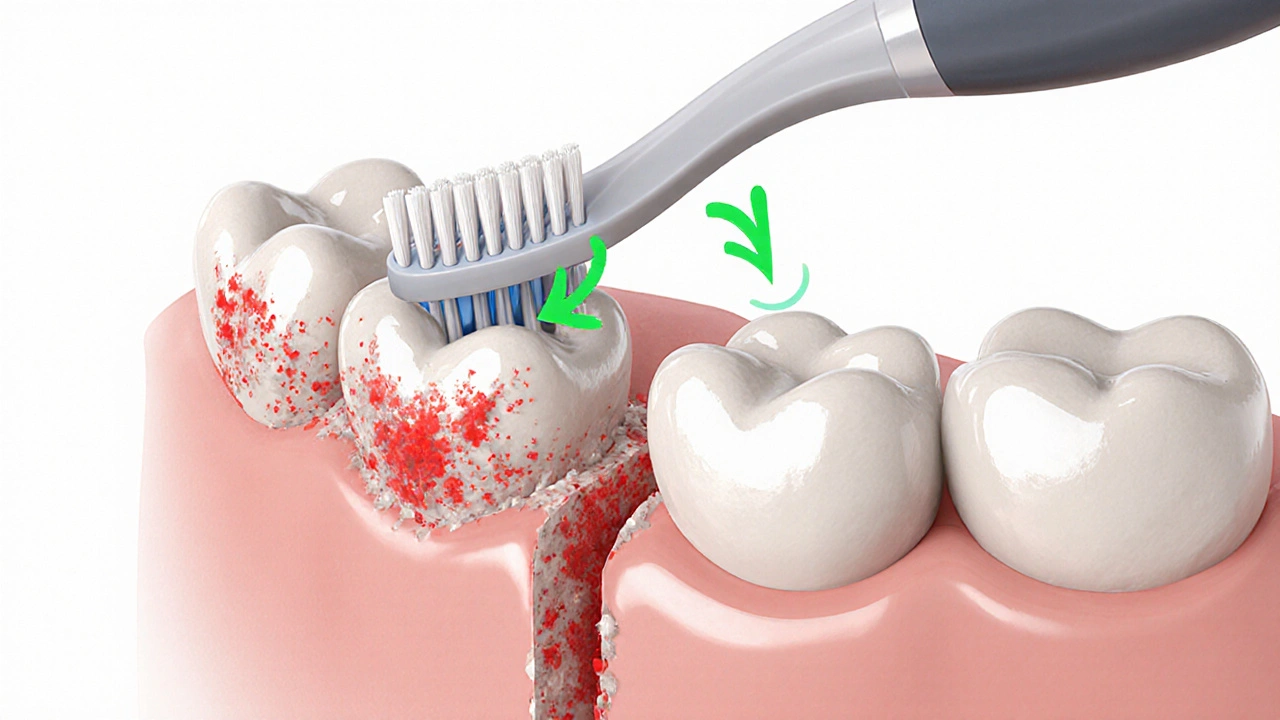 Příčný řez zubů s odstraněním plaku mezizubním kartáčkem.