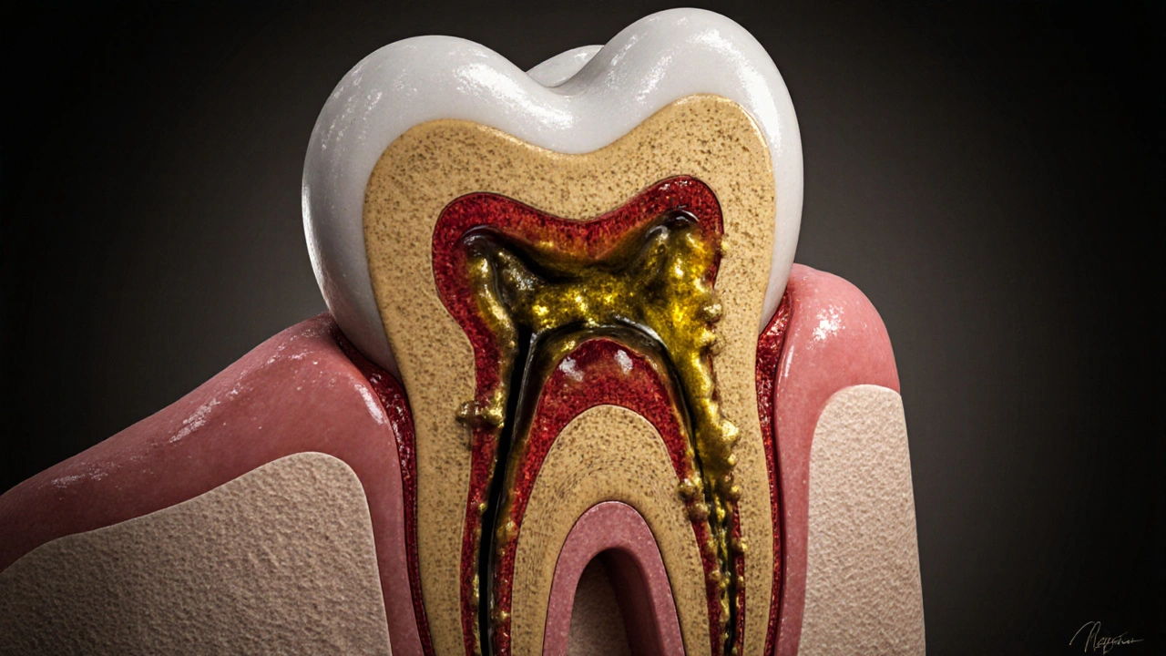 Průřez zubu s hnisem šířícím se do kořene a čelisti.