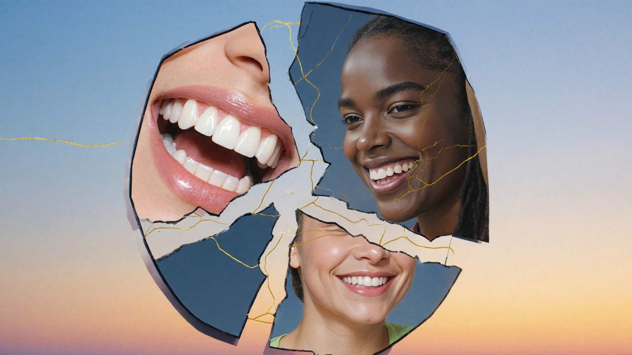 Rozdělené zrcadlo s třemi odlišnými obrazem zubů a úsměvem.