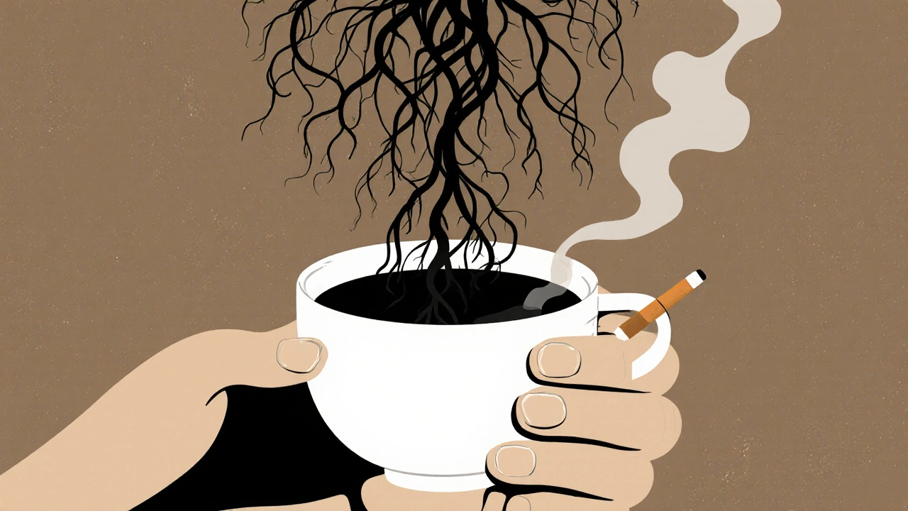 Ruce držící kávu a cigaretu, z nichž rostou tmavé nánosy do úst