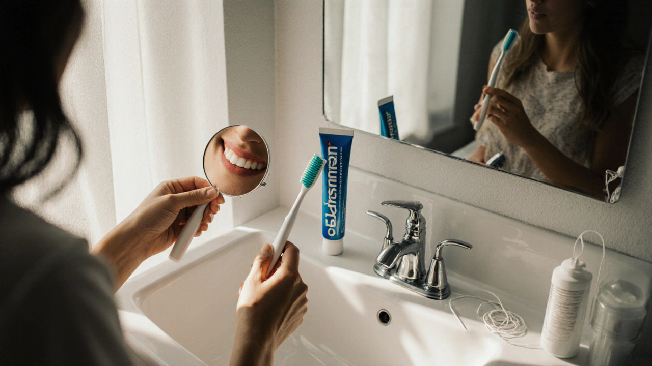 Ruka drží zubní kartáček a zrcátko u umyvadla, zubní pasta a nit na pozadí.