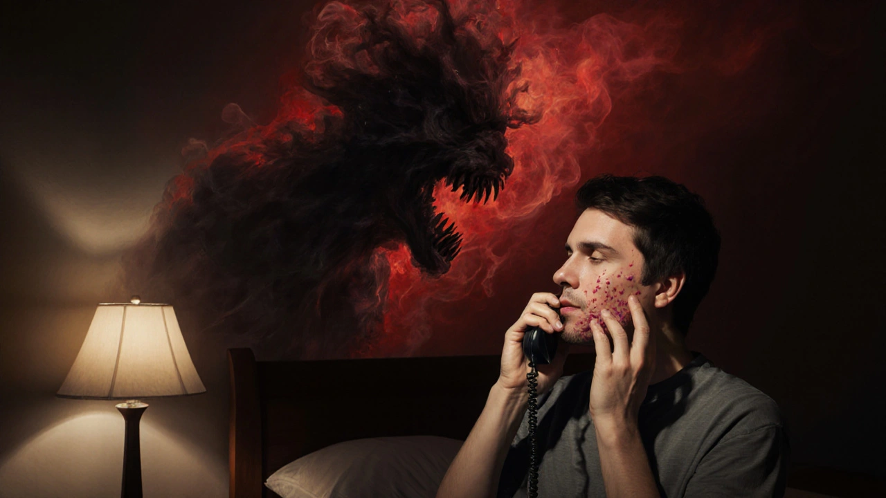 Ruka volá na zubaře, z těla se vynořuje stín bakterií z infekce v ústech.