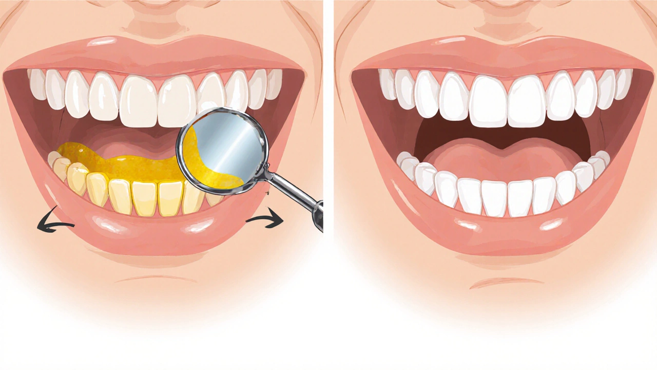 Srovnání viditelných a neviditelných oblastí zubů s a bez dentálního zrcátka.