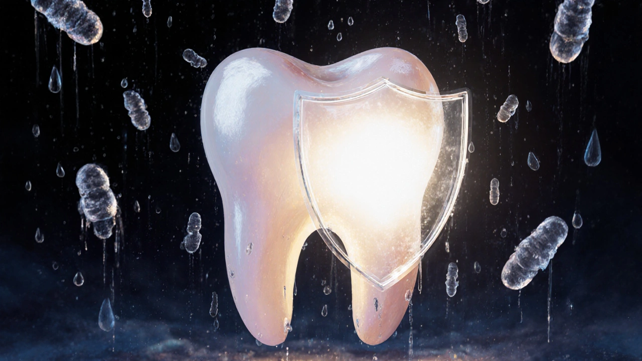 Symbolický obraz zubu s lesklou ochrannou vrstvou, která zastavuje počínající kaz.