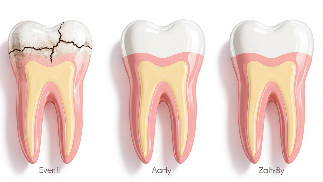 Three dental fillings showing deterioration, durability, and perfect aesthetics over time.