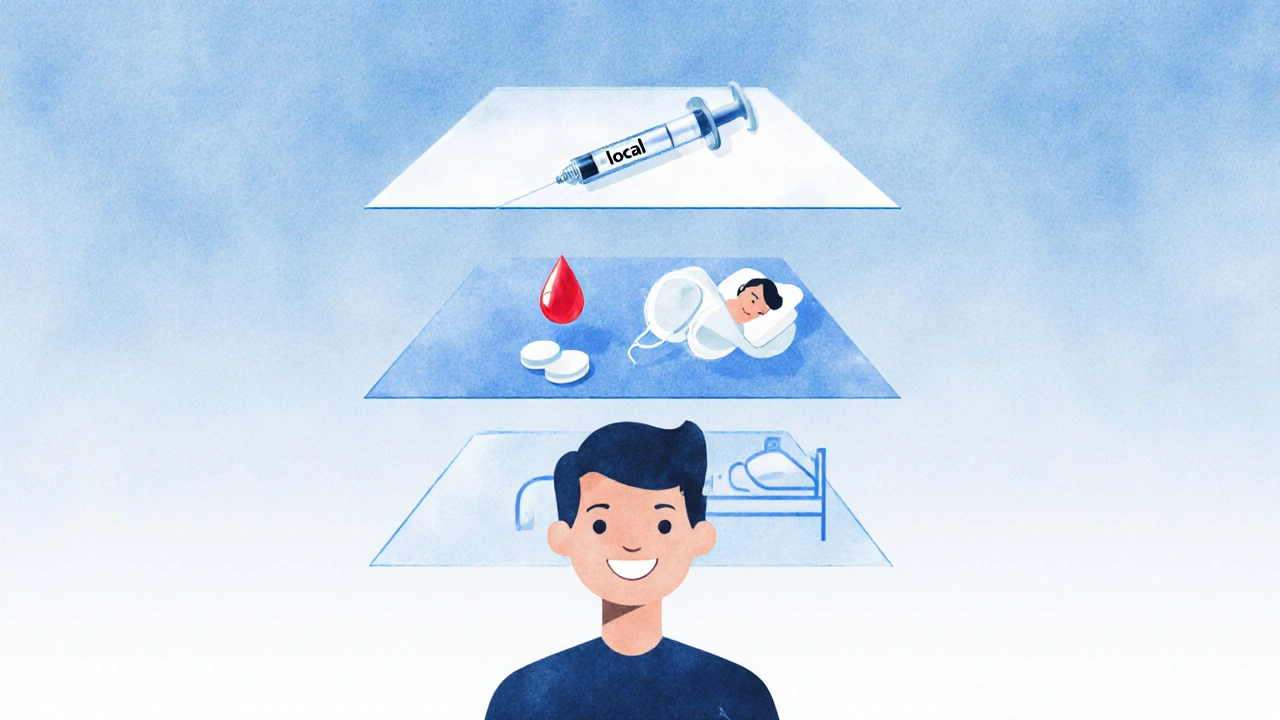 Three-layer visual representation of local, sedation, and general anesthesia types.
