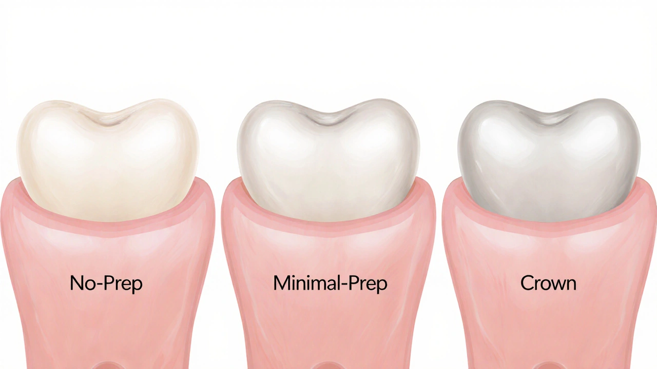 Tři typy přípravy zubu pro keramické fazety: bez odbourání, mírné odbourání a plné odbourání.