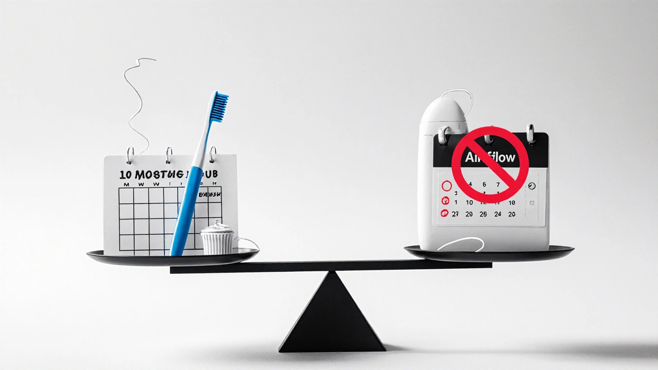 Váha ukazující, že každodenní hygiena je důležitější než časté pískování zubů.