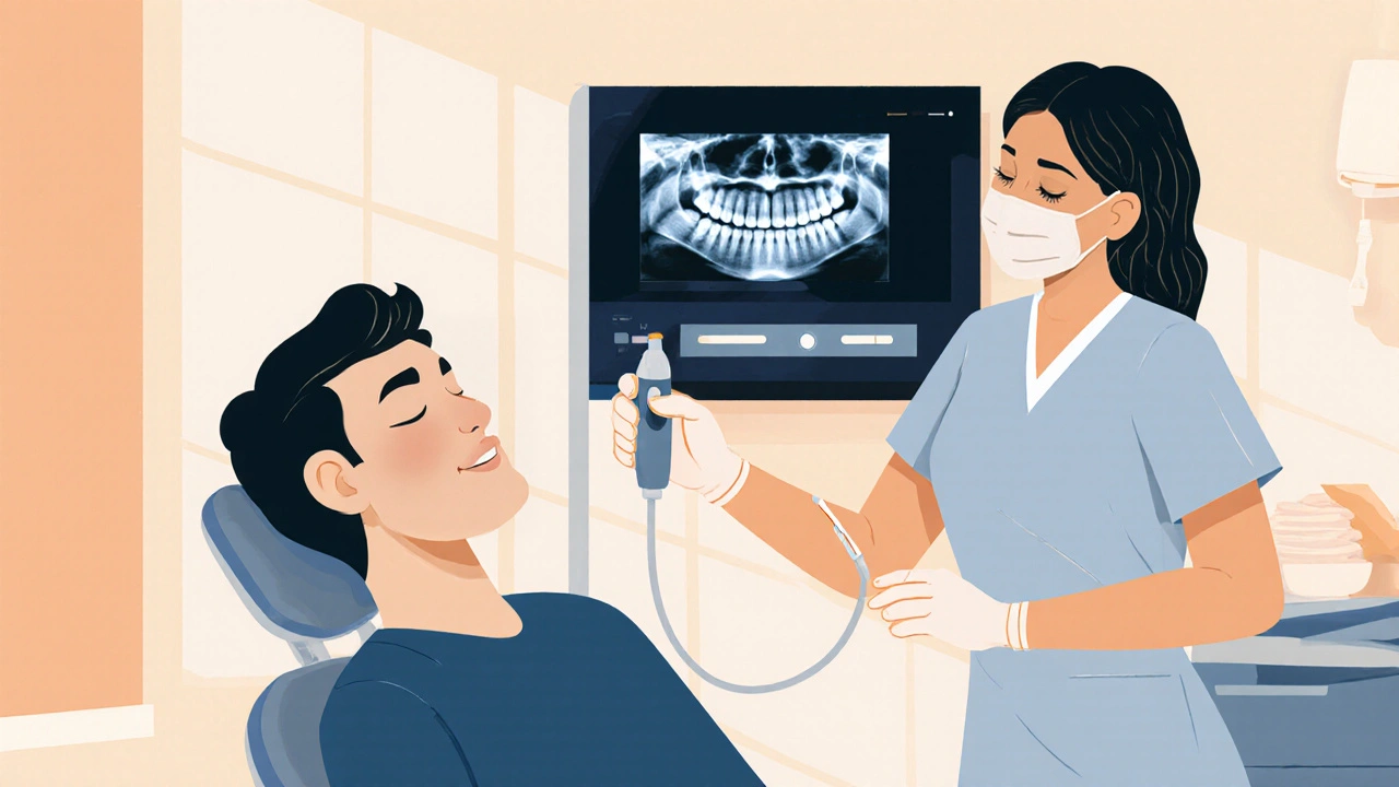 Zubař a zubní hygienistka čistí zuby pacientovi v čisté, dobře osvětlené ordinaci.