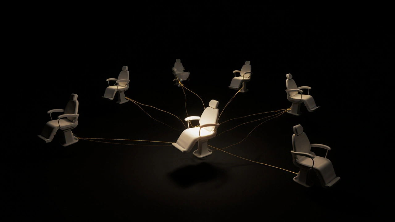 Zubní křeslo ve tmě, propojené zlatými nitěmi s dalšími křesly — jedna nit se přetrhla.