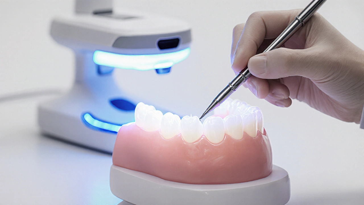 Zubní lékař připevňuje keramickou korunku pomocí přesných nástrojů.