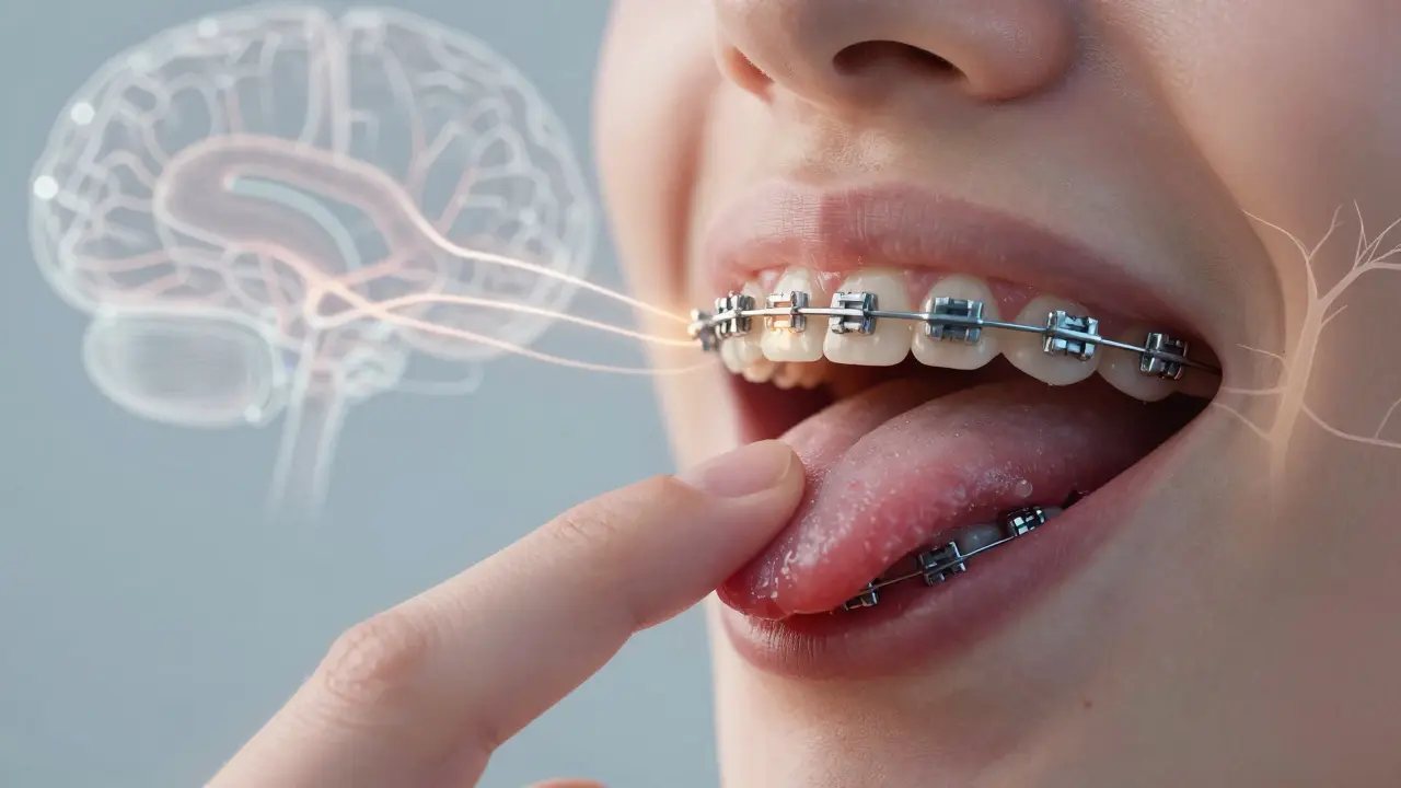 Blízký pohled na jazyk tlačící na ortodontické drátky s neviditelnými nervovými signály.