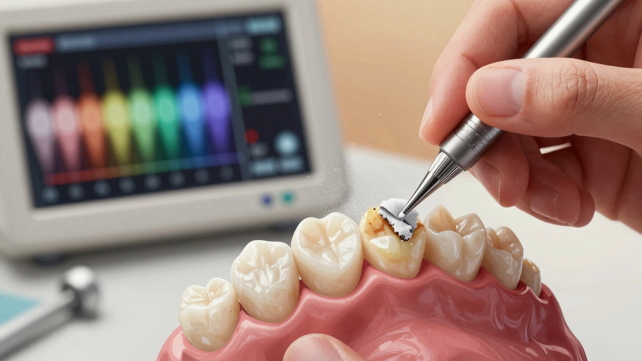 Dentist carefully polishing porcelain crown surface to remove stains without damaging the ceramic.