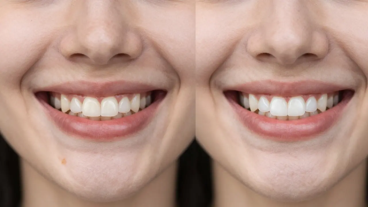 Dva srovnávací úsměvy: tmavé vs. bělší zuby po domácím bělení.