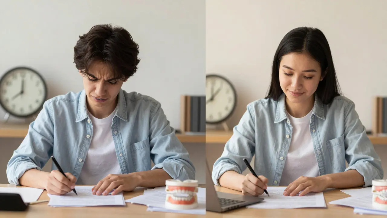 Dvě scény: osoba s rovnátky a bez nich, srovnání koncentrace před a po odstranění.