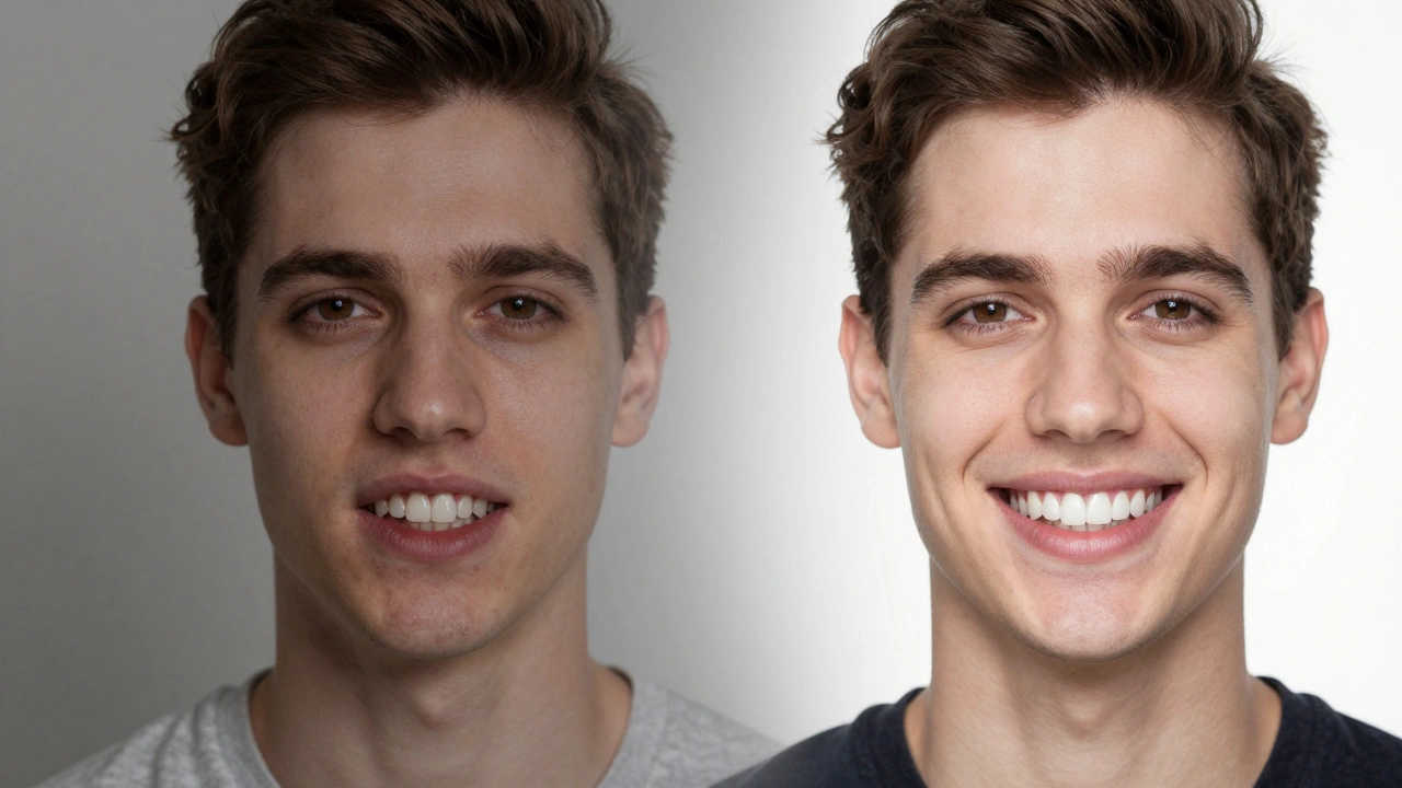 Dvě strany jedné osoby: před a po aplikaci celokeramických faset na zuby.