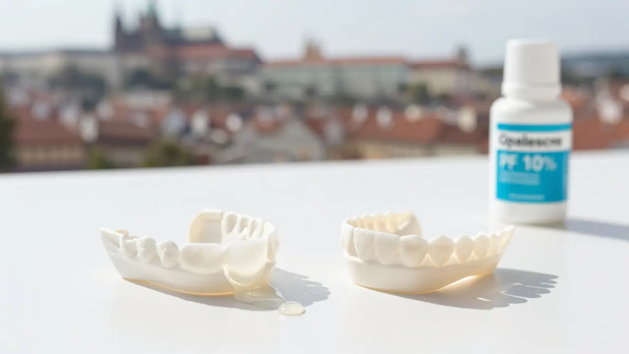 Dvě vlastní zubní formy Opalescence s gelem na bílém pozadí, vedle nich udržovací gel.