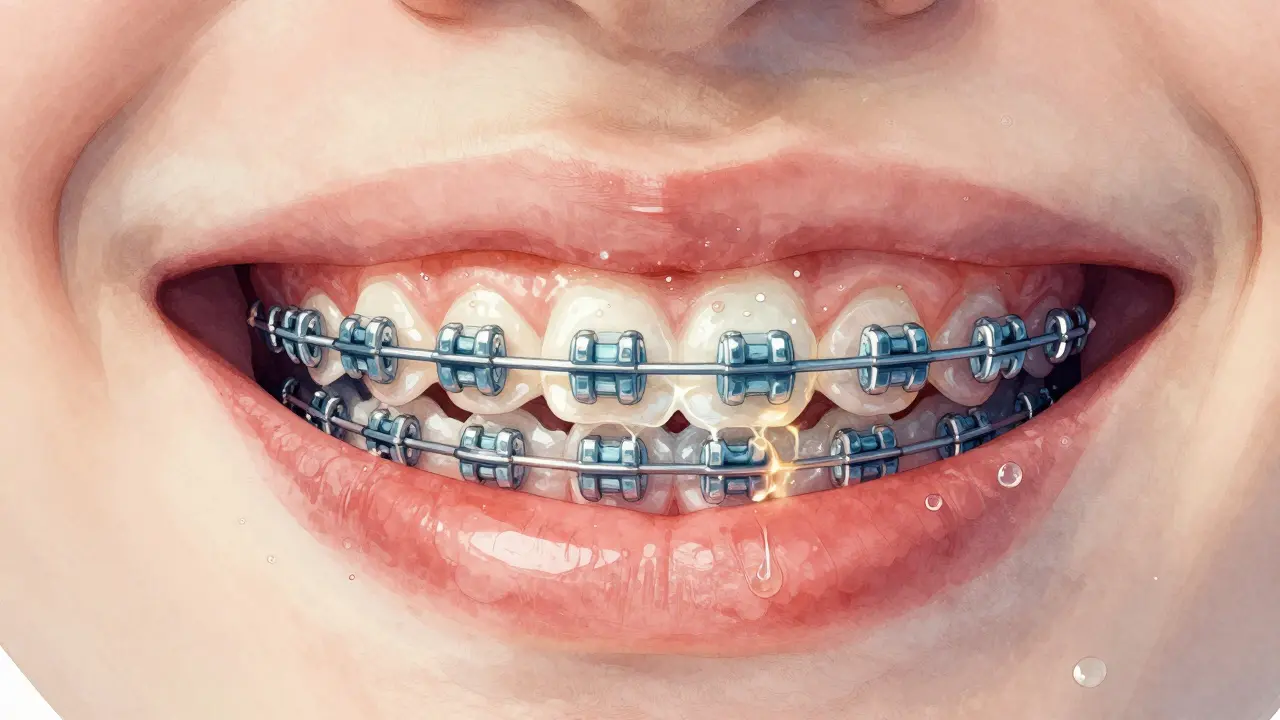 Ilustrace kyseliny ničící sklovinu zubu kolem rovnátek.