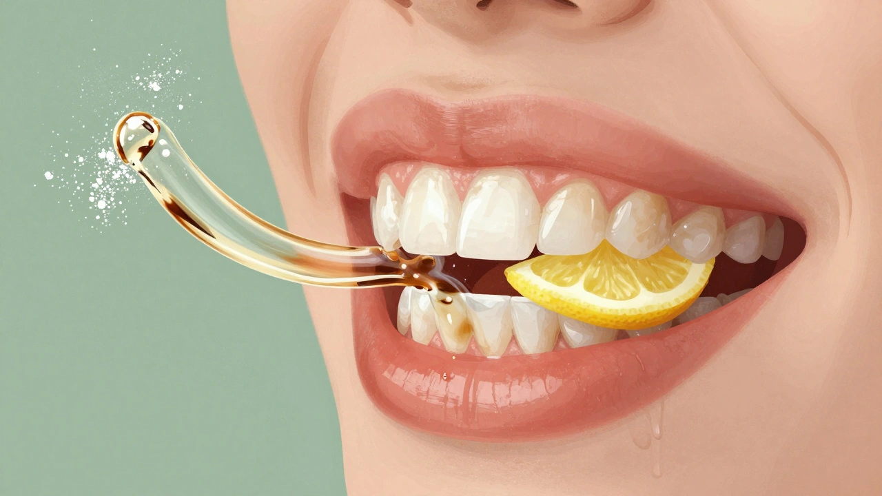 Ilustrace zubního emailu s povrchovými skvrnami, které odstraňují přírodní látky bez pronikání do vnitřní vrstvy.