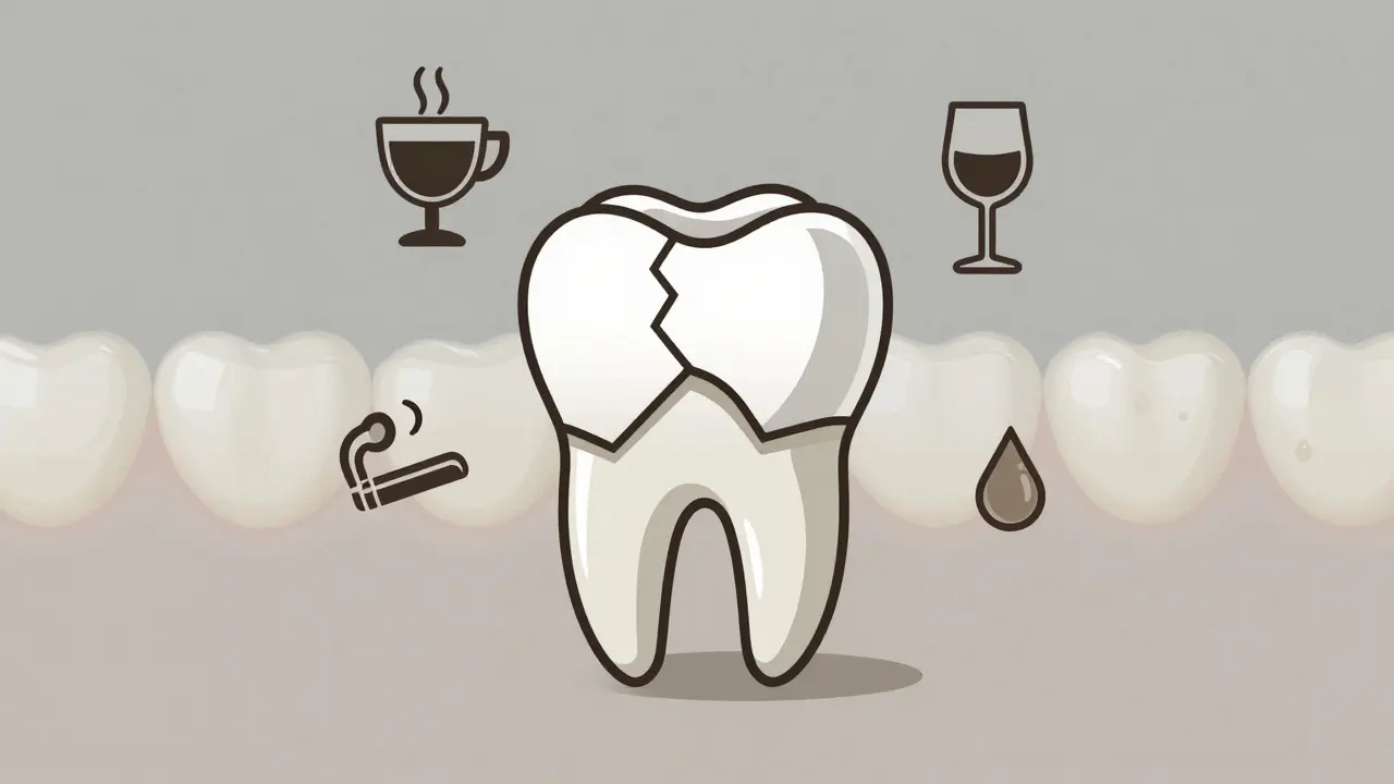 Konceptuální znázornění vnitřního ztmavení zubu a jeho opravy porcelánovou vložkou.