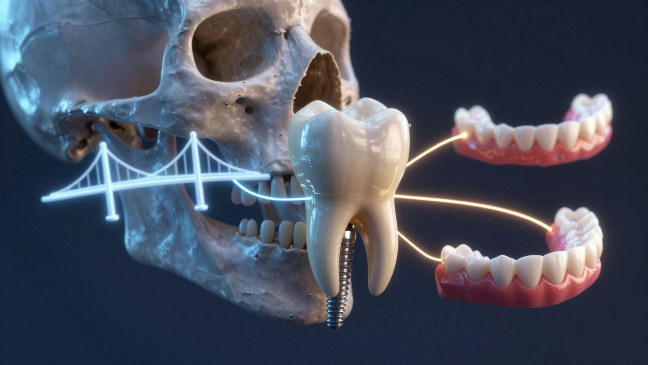 Kostní struktura s porovnáním ztráty kosti a alternativních řešení pro ztracený zub.