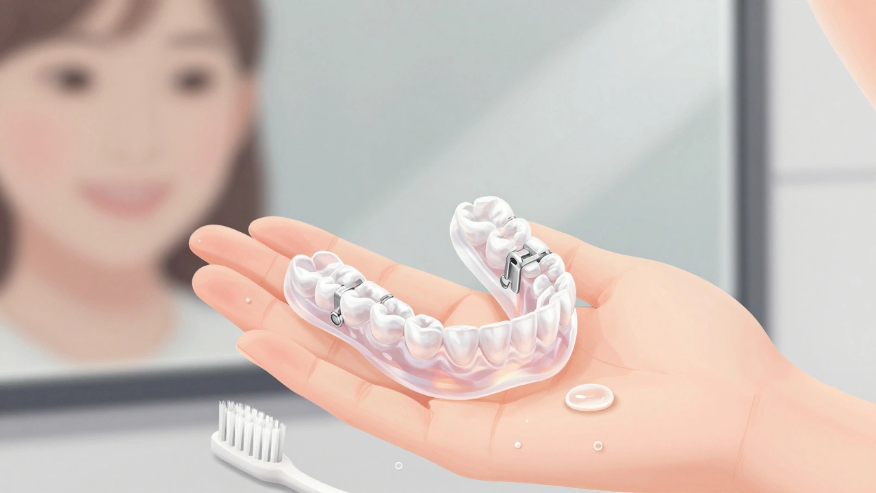 Lehká částečná protéza na dlani s přírodními odstíny a neviditelnými háčky.