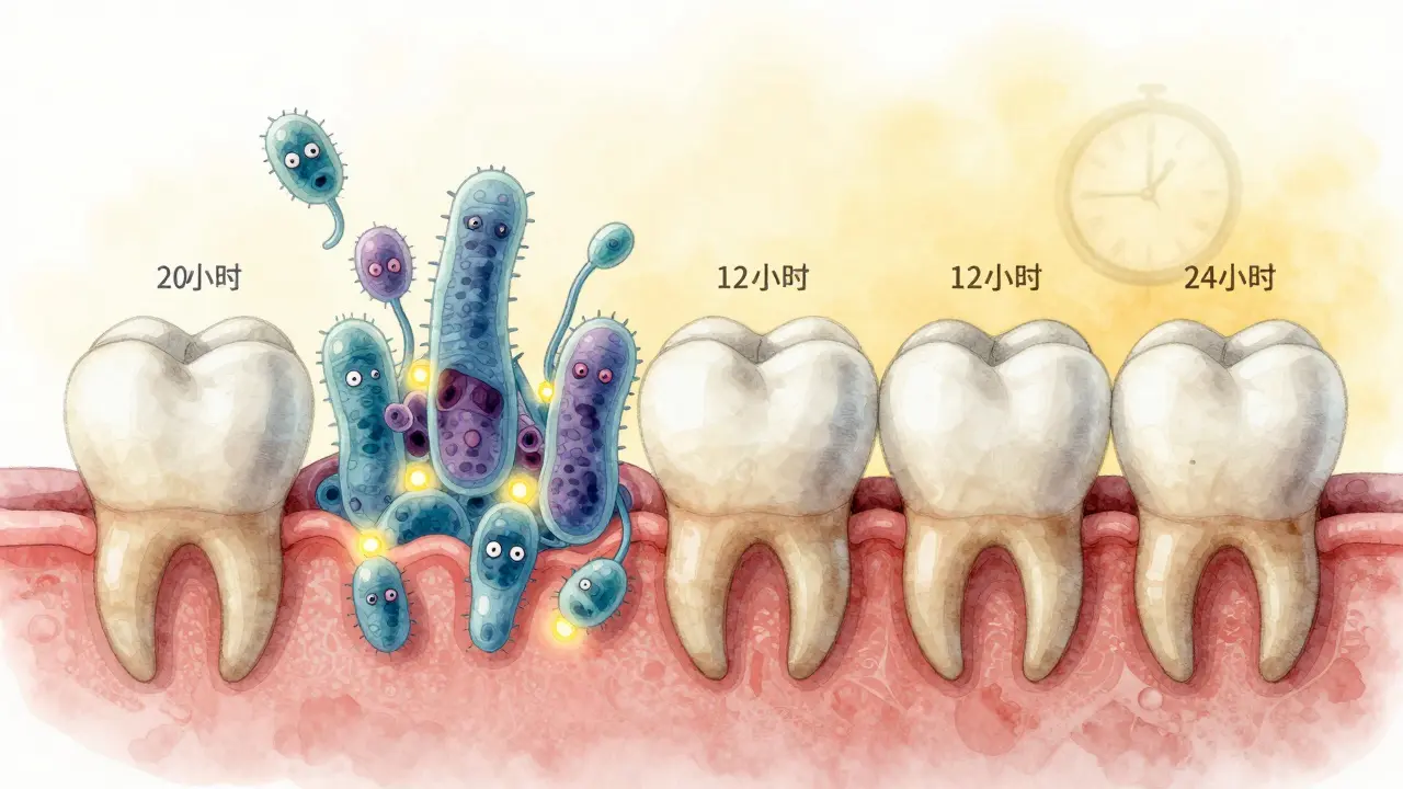 Mikroskopický pohled na bakterie, jak se postupně mění z tenkého filmu na plak a kámen na zubu.