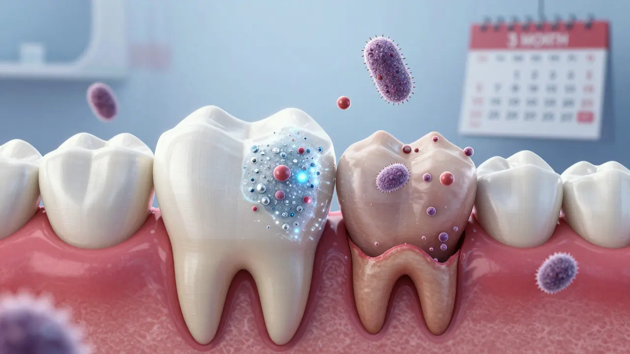 Mikroskopický pohled na obnovu sklovinové vrstvy zubu pomocí remineralizace.