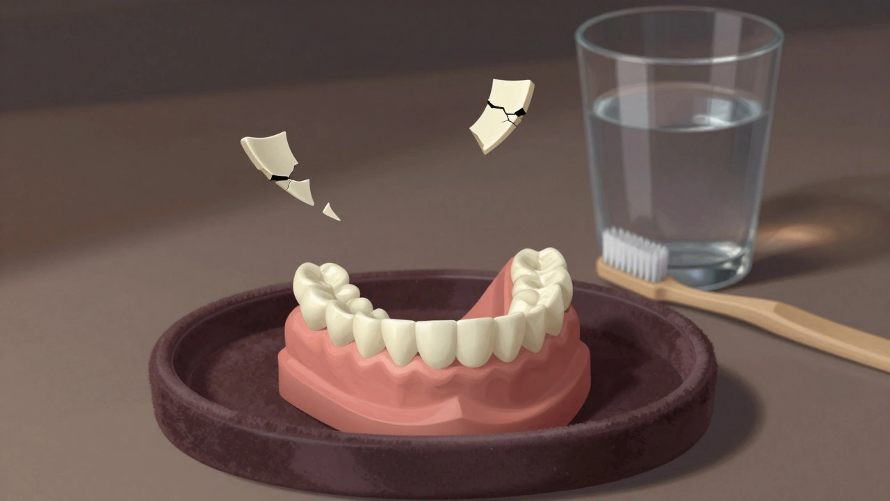 Noční štít na vlnité podložce vedle zubního kartáčku, symbolický poškozený veneers v pozadí.