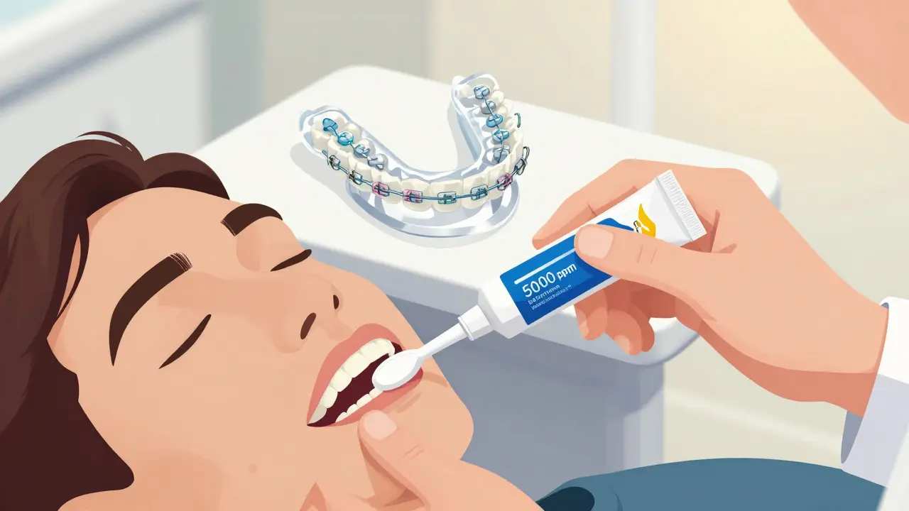 Pacient aplikuje fluoridový gel na zuby po čištění, vedle leží transparentní rovnátka.