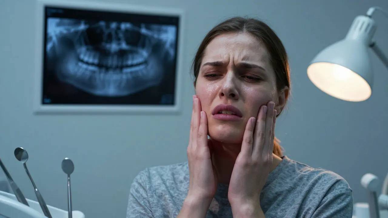 Pacient drží obličej v bolesti, v pozadí rentgenový snímek zubu