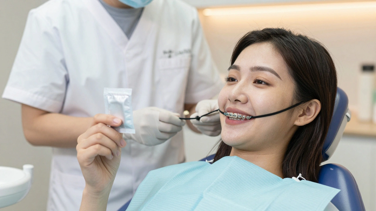 Pacient s keramickými rovnátky a černými gumičkami v klinice.