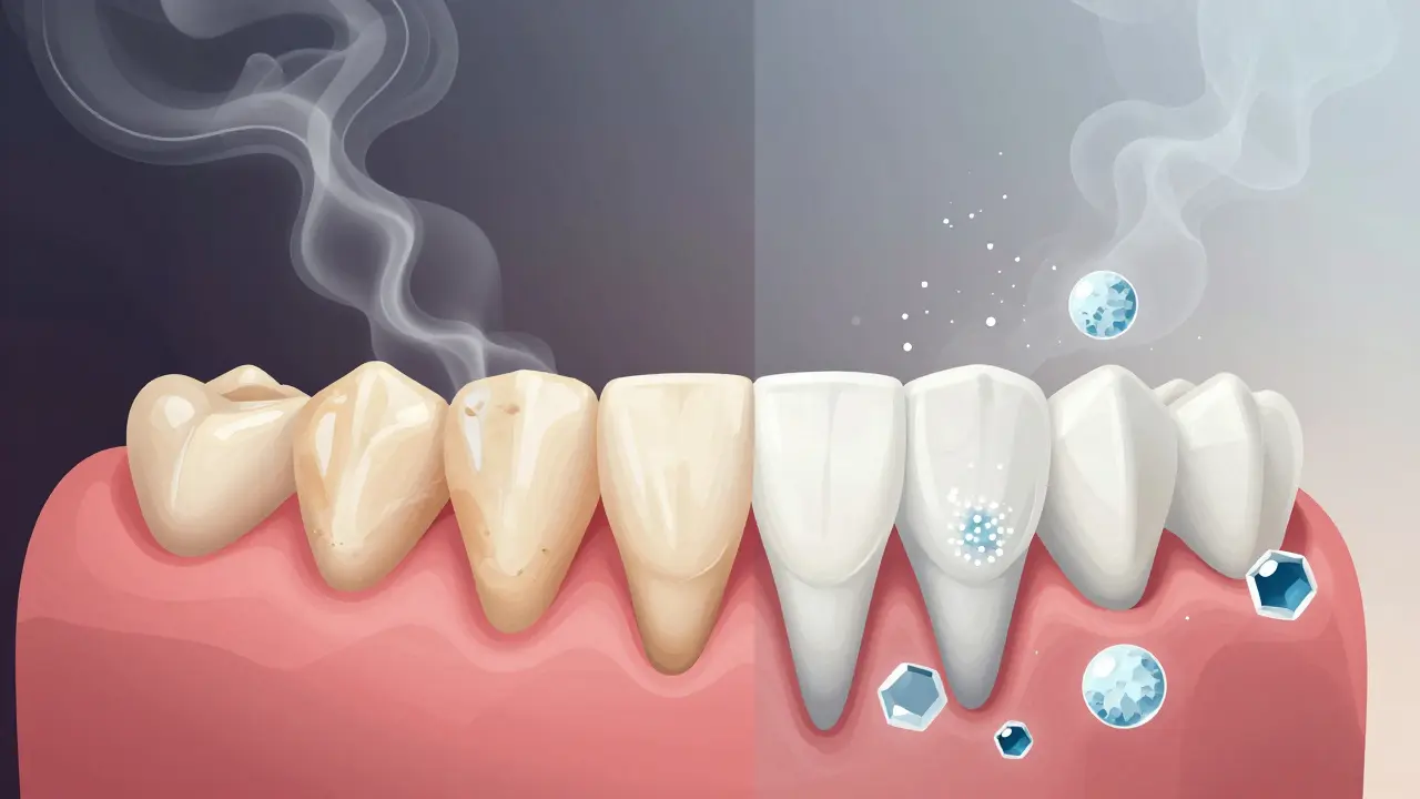 Porovnání tmavých a bělých zubů s mikroskopickým zobrazením bělících látek pronikajících do skloviny.