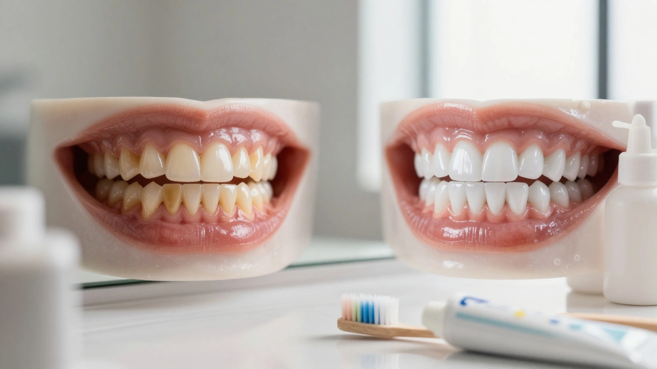 Porovnání tmavých a bílých zubů v zrcadle po laserovém bělení.