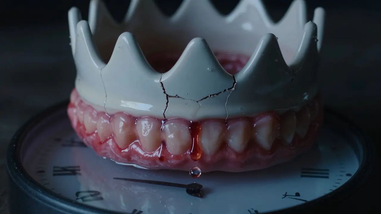 Poškozená korunka s vytékajícím hnisem a zarudlými dásněmi.