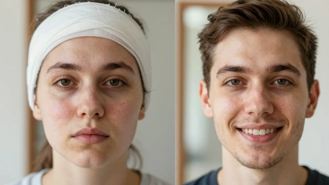 Před a po operaci: pacient s otoky a později se spokojeným výrazem