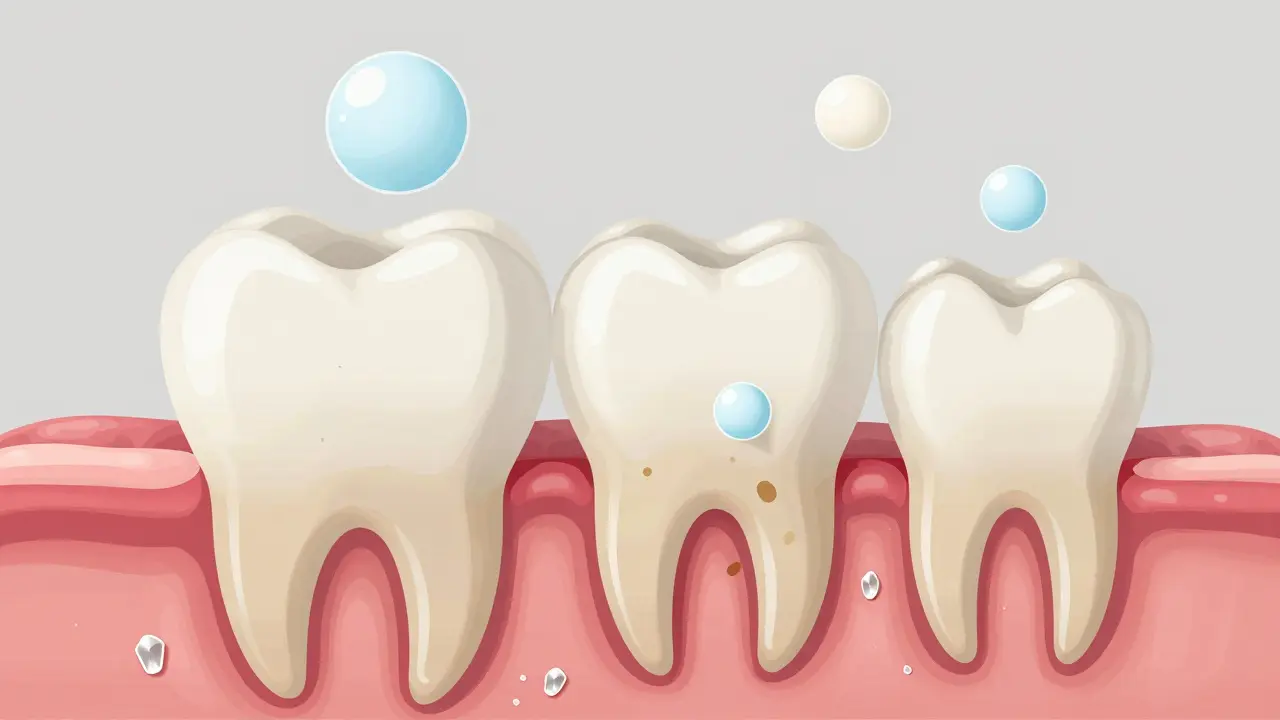 Přehled vnitřní struktury zubu s molekulami peroxidu a hydroxyapatitu během bělení.