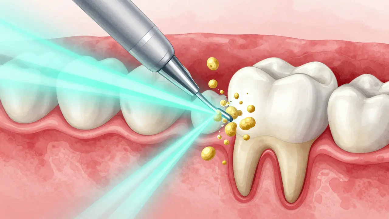 Přehled zubů a dásní s ultrazvukovými vlnami rozpadajícími bakteriální biofilm na molekulární úrovni.