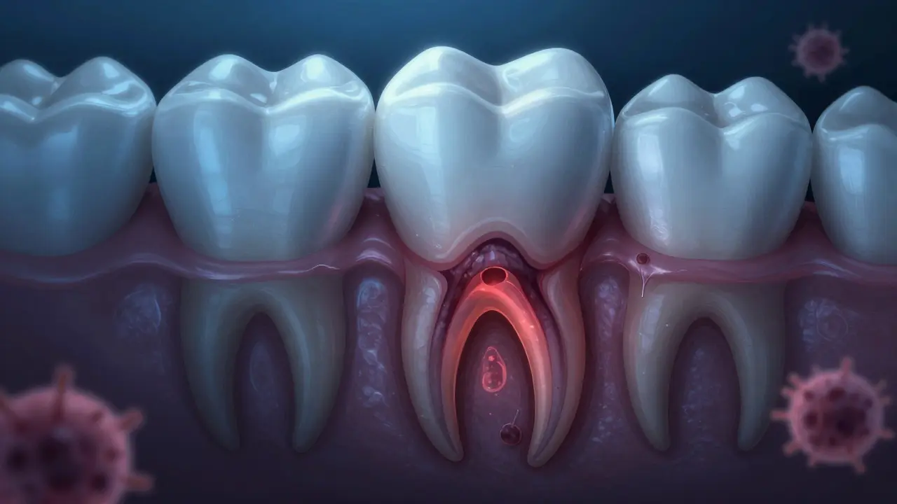 Příčina bolesti korunky: bakterie a zánět pod korunkou.