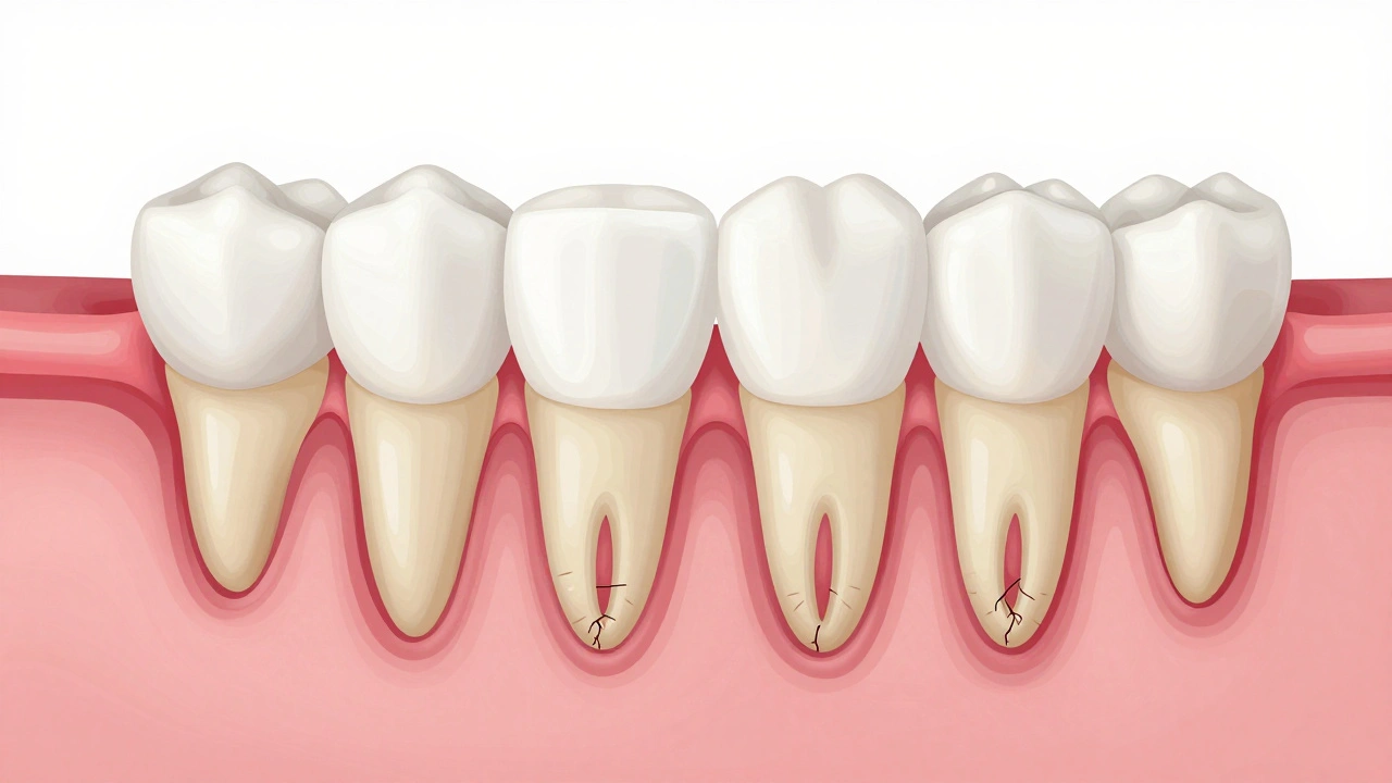 Příčný řez čelisti s mléčnými a trvalými zuby vedle sebe.