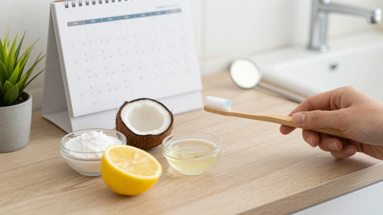 Přírodní prostředky pro vybělování zubů — soda, kokosový olej a citron — uspořádané na dřevěné desce.