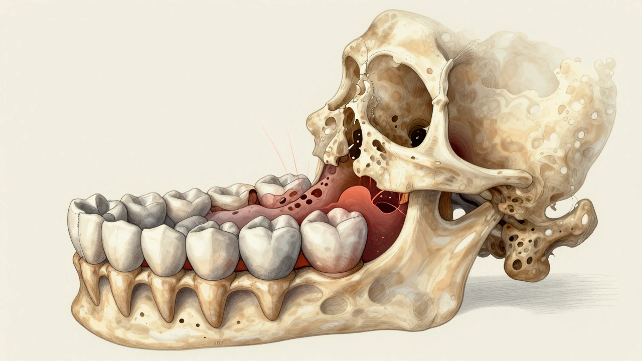 Řez čelistí ukazuje, jak kost kolem prázdného zubního ložiska postupně mizí.