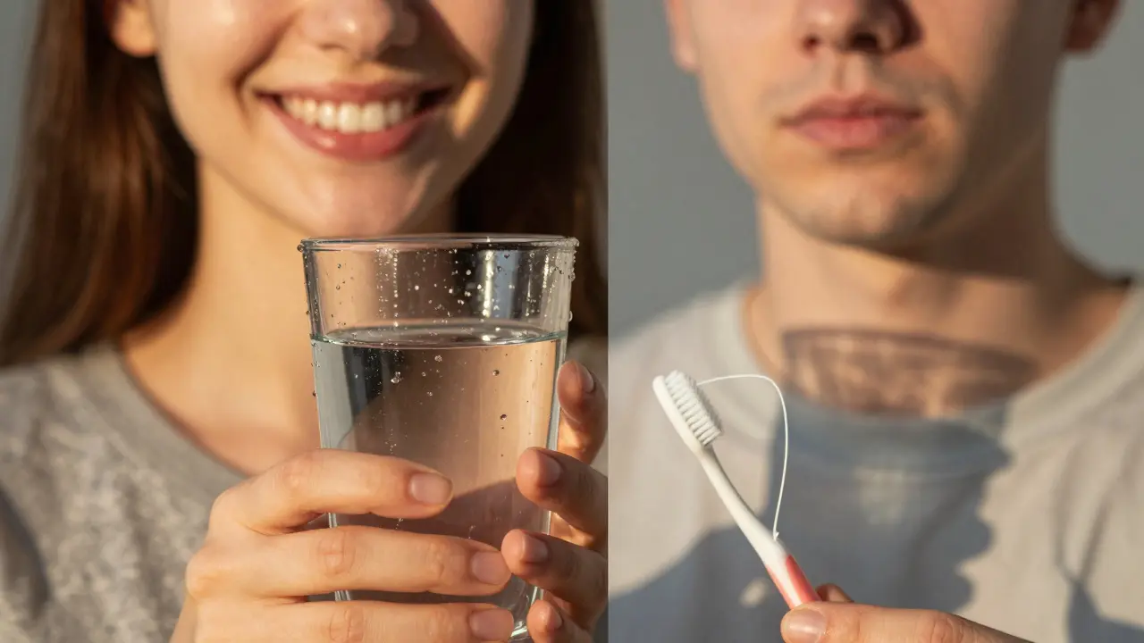 Ruka drží sklenici vody vedle zubního kartáčku a nitě, symbolizující denní péči o ústní hygienu.