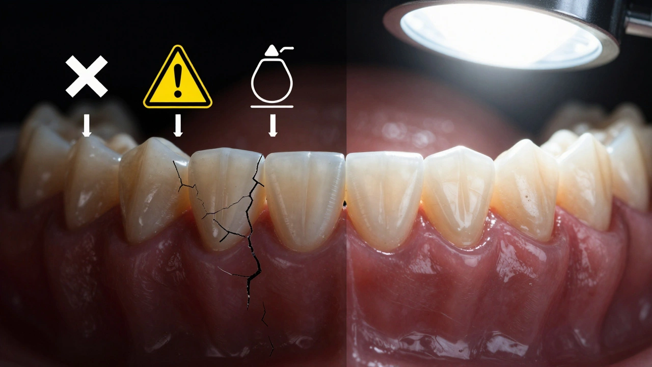 Split image: damaged teeth with harmful home remedies vs. harmonious smile with professionally fitted crown.