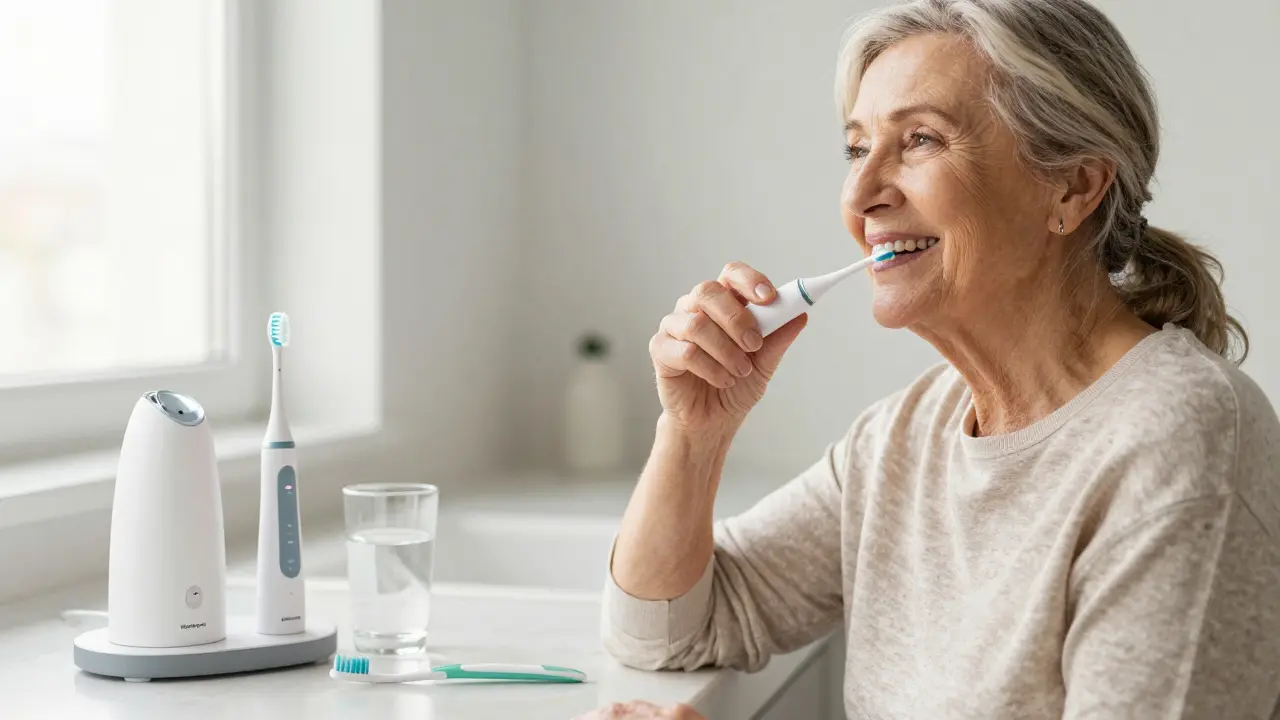 Starší žena se usmívá, drží ultrazvukový čistič zubů, symbolizující jednoduchou a jemnou denní péči.