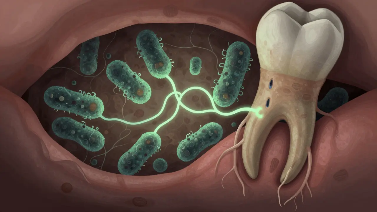 Surreální znázornění bakterií v poddásňovém kameni jako kamenité formace s biozáří.