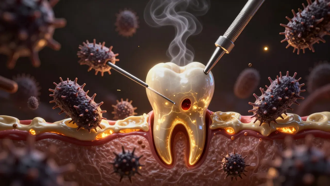 Symbolický boj zdravé kosti proti bakteriím kolem kořene zubu