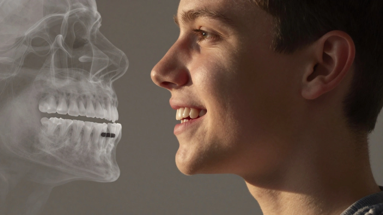 Teenager s viditelnými zoubky moudrosti za druhými moláry.