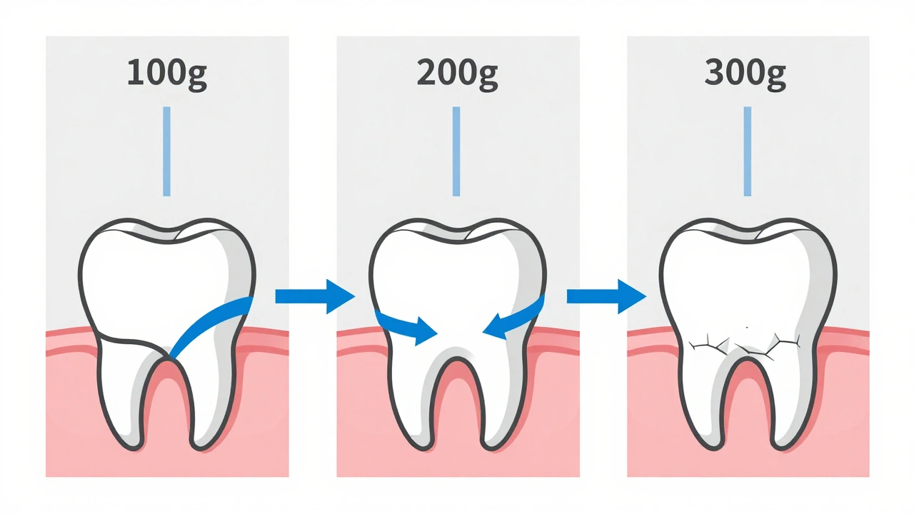 Tři úrovně síly gumiček: slabá, střední a silná, znázorněné silovými šipkami.