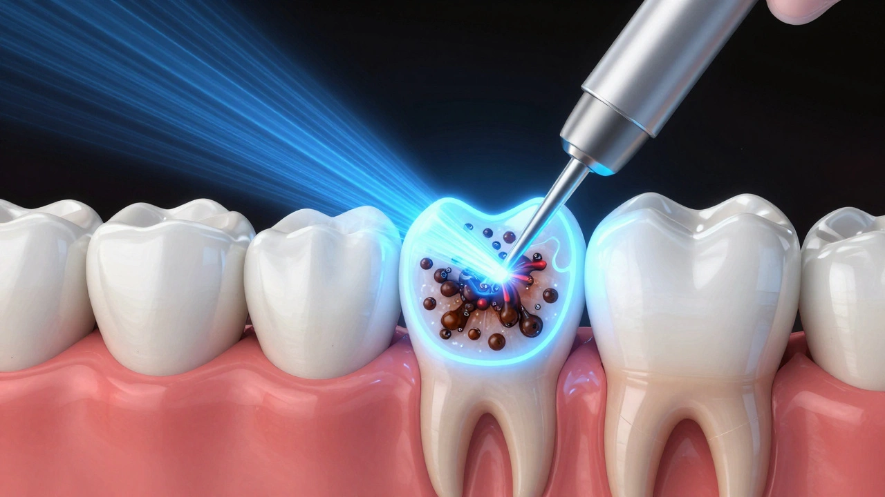 Vnitřní řez zubem ukazující rozklad pigmentů pod vlivem laseru a gelu.